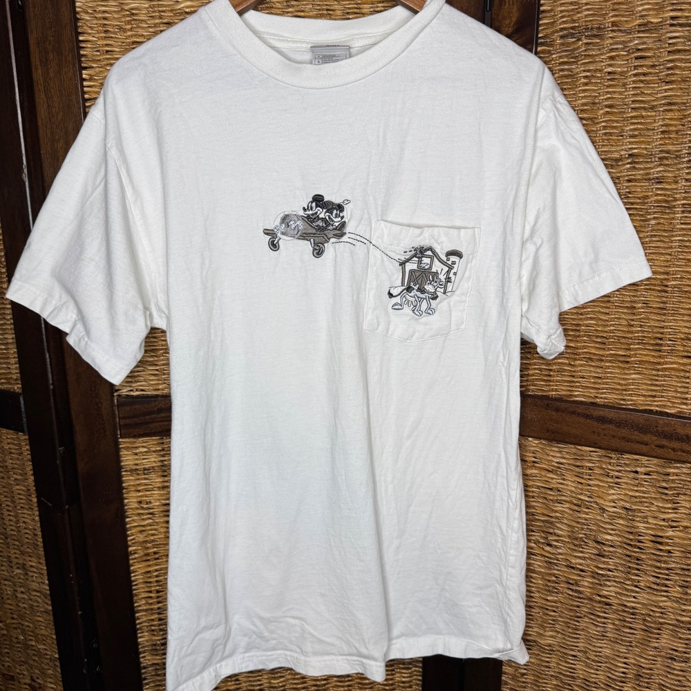 VNTG Disney Store Mickey Mouse Plane Embroidery Pocket T-Shirt White Large